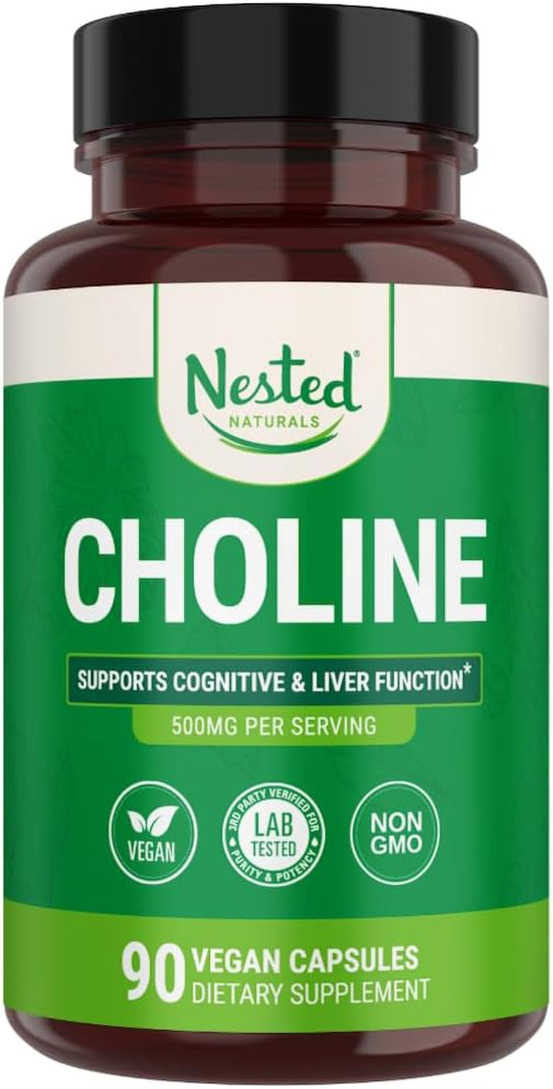 Choline Bitartrate 500Mg - High Potency Choline Supplements - Supports Cognitive Performance & Liver Function - 100% Vegan & Non-Gmo Choline - 90 Vegan Capsules
