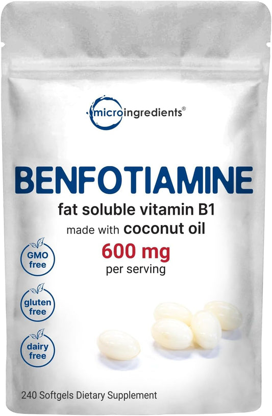 Vitamin B1 Benfotiamine 600Mg per Serving, 240 Coconut Oil Softgels | Bioavailable B Vitamins Supplement, Converted to Active Thiamine | Non-Gmo, Soy Free