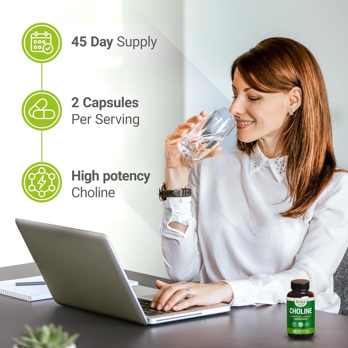 Choline Bitartrate 500Mg - High Potency Choline Supplements - Supports Cognitive Performance & Liver Function - 100% Vegan & Non-Gmo Choline - 90 Vegan Capsules
