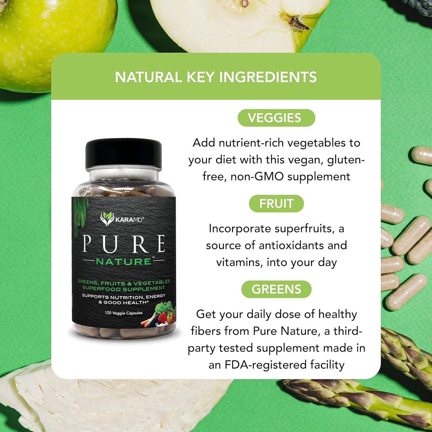 Pure Nature | Greens, Fruits & Vegetables Whole Food Supplement | Vitamins, Fiber & Antioxidants | Support Energy & Digestion | Non-Gmo, Gluten Free & Vegan Friendly | 4 Pack