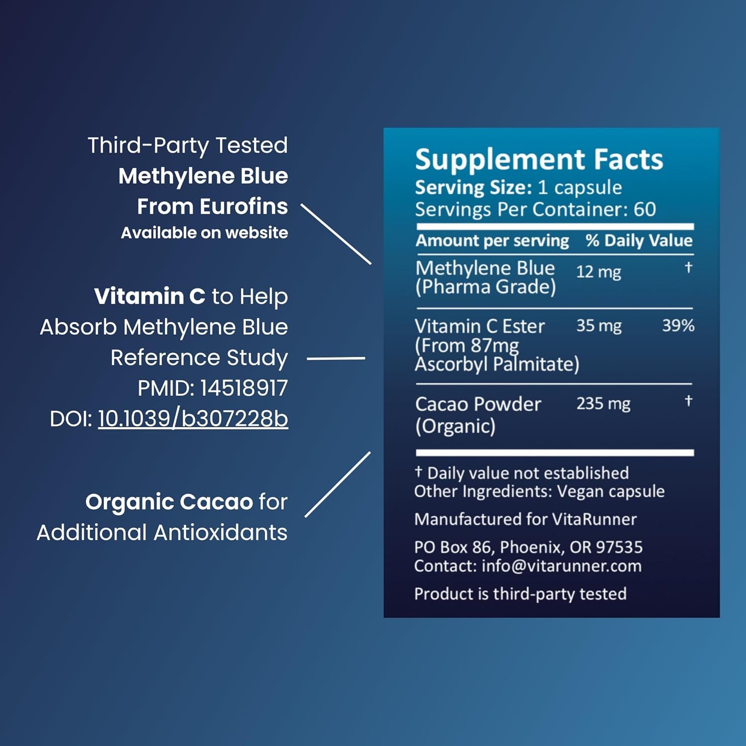 Methylene Blue (USP Grade) Pharma Grade Supplements, Capsule Form, with Added Vitamin C Ester for Enhanced Absorption, Brain Supplement with Brain Fuel, Memory, Focus, Clarity, Cognitive, Energy