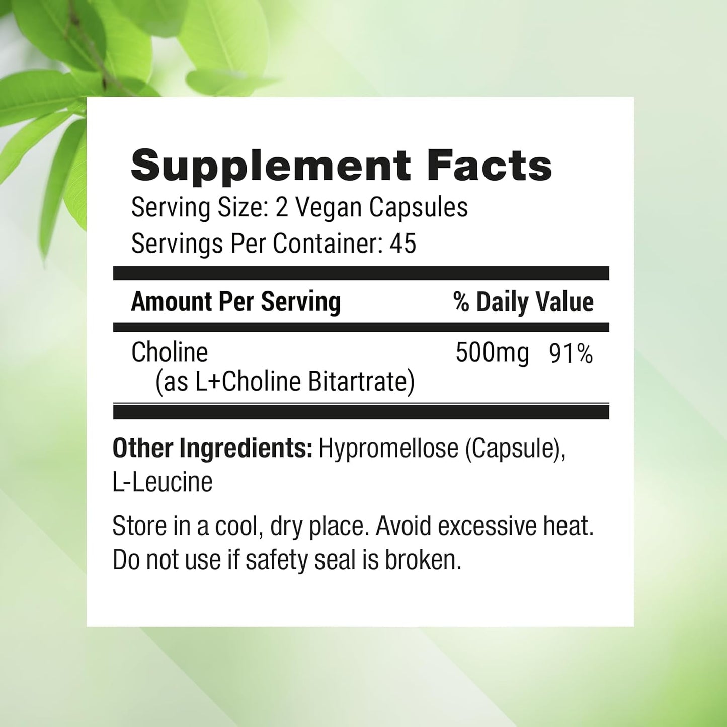Choline Bitartrate 500Mg - High Potency Choline Supplements - Supports Cognitive Performance & Liver Function - 100% Vegan & Non-Gmo Choline - 90 Vegan Capsules