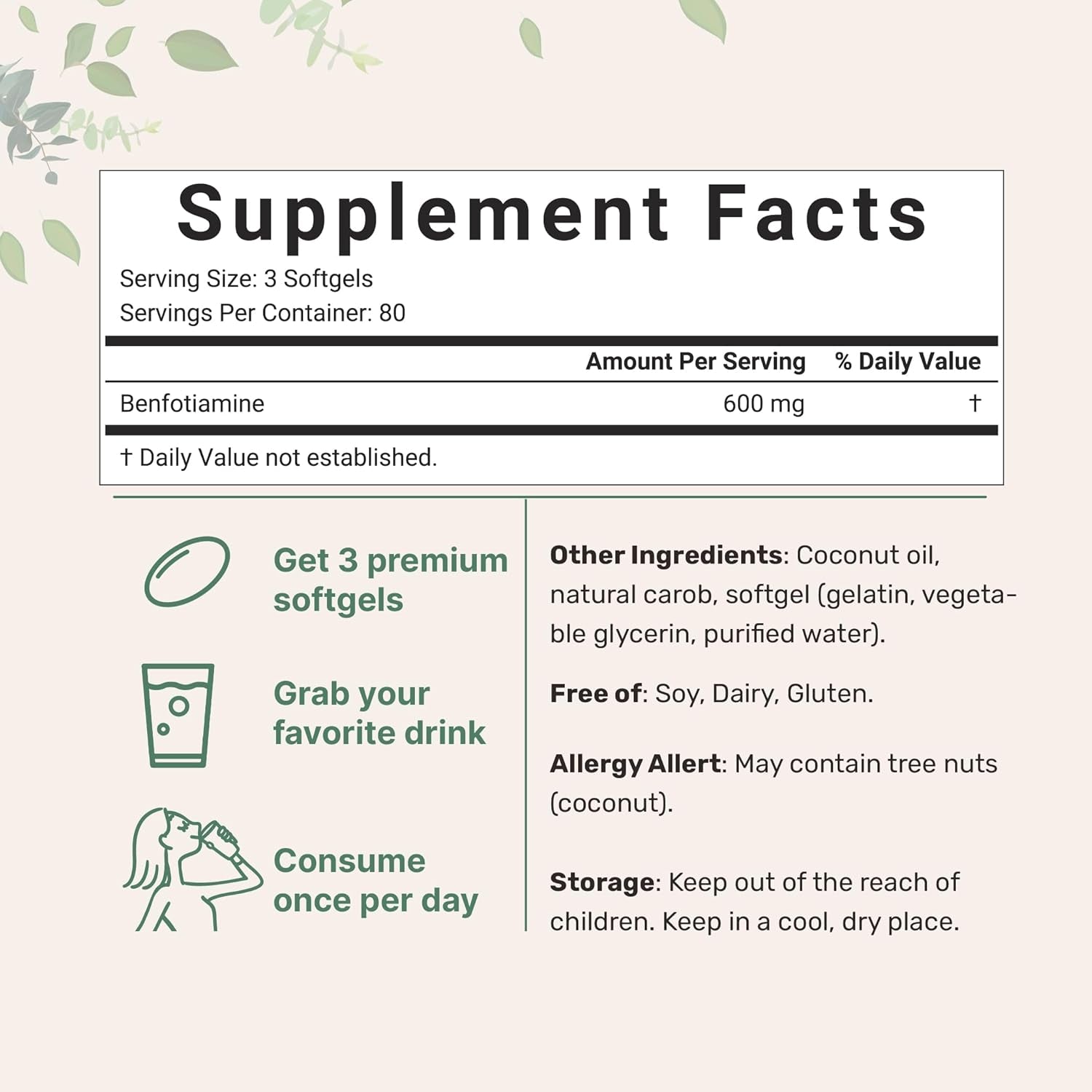 Vitamin B1 Benfotiamine 600Mg per Serving, 240 Coconut Oil Softgels | Bioavailable B Vitamins Supplement, Converted to Active Thiamine | Non-Gmo, Soy Free