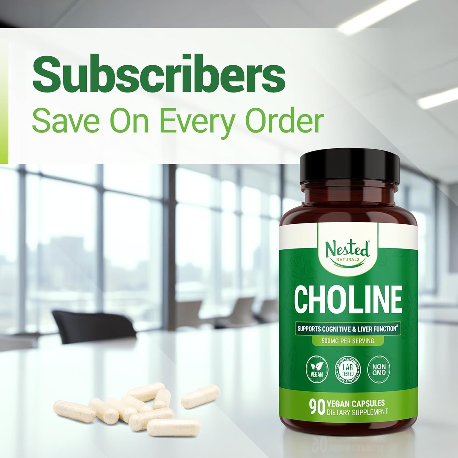 Choline Bitartrate 500Mg - High Potency Choline Supplements - Supports Cognitive Performance & Liver Function - 100% Vegan & Non-Gmo Choline - 90 Vegan Capsules