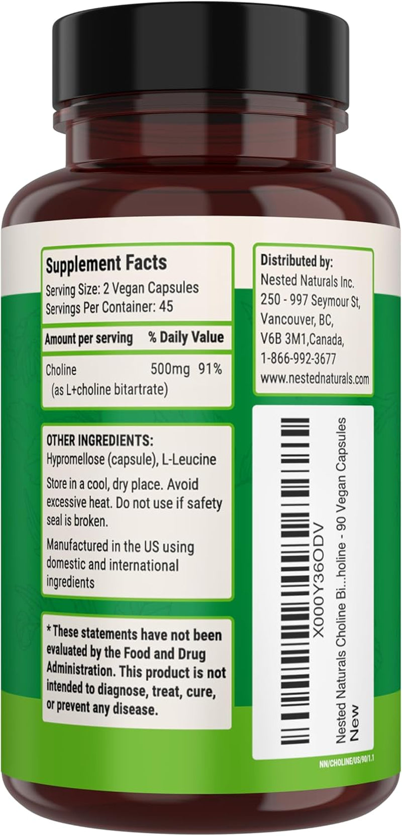 Choline Bitartrate 500Mg - High Potency Choline Supplements - Supports Cognitive Performance & Liver Function - 100% Vegan & Non-Gmo Choline - 90 Vegan Capsules