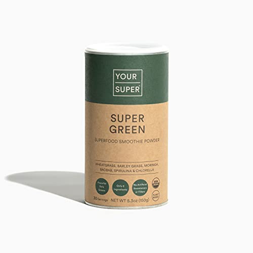 Your Super Organic Super Green Smoothie Mix – Superfood Powder for Natural Immune Support, Made with Wheatgrass, Barley Grass, Moringa, Spirulina, Chlorella & Baobab Powder (30 Servings)