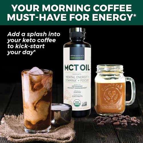 Viva Naturals Organic MCT Oil for Keto Coffee (16 fl oz) - Best MCT Oil Supplement to Support Energy and Mental Clarity, USDA Organic, Non-GMO and Paleo Certified & Keto Friendly