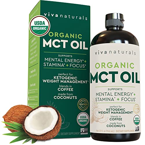 Viva Naturals Organic MCT Oil for Keto Coffee (16 fl oz) - Best MCT Oil Supplement to Support Energy and Mental Clarity, USDA Organic, Non-GMO and Paleo Certified & Keto Friendly