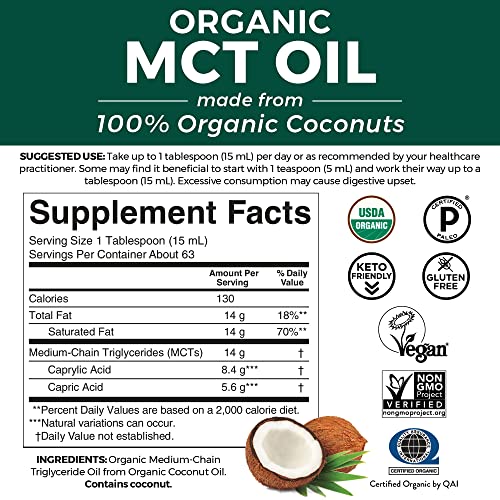 Viva Naturals Organic MCT Oil for Keto Coffee (16 fl oz) - Best MCT Oil Supplement to Support Energy and Mental Clarity, USDA Organic, Non-GMO and Paleo Certified & Keto Friendly