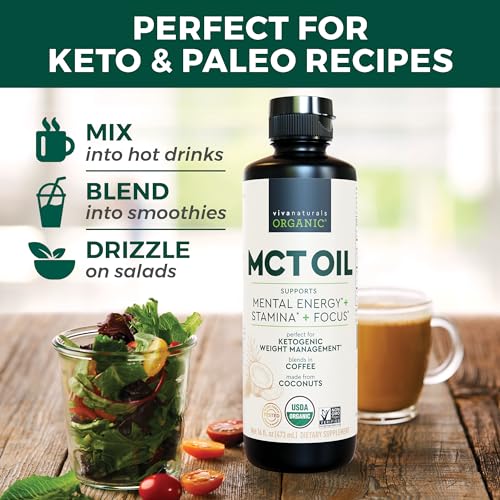 Viva Naturals Organic MCT Oil for Keto Coffee (16 fl oz) - Best MCT Oil Supplement to Support Energy and Mental Clarity, USDA Organic, Non-GMO and Paleo Certified & Keto Friendly