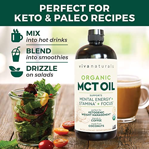 Viva Naturals Organic MCT Oil for Keto Coffee (16 fl oz) - Best MCT Oil Supplement to Support Energy and Mental Clarity, USDA Organic, Non-GMO and Paleo Certified & Keto Friendly