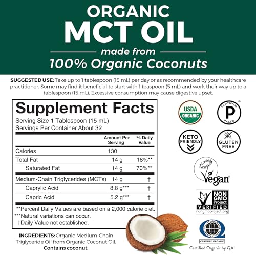 Viva Naturals Organic MCT Oil for Keto Coffee (16 fl oz) - Best MCT Oil Supplement to Support Energy and Mental Clarity, USDA Organic, Non-GMO and Paleo Certified & Keto Friendly