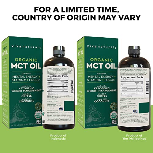 Viva Naturals Organic MCT Oil for Keto Coffee (16 fl oz) - Best MCT Oil Supplement to Support Energy and Mental Clarity, USDA Organic, Non-GMO and Paleo Certified & Keto Friendly